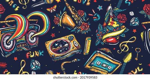 Retro music pattern. Musical instruments. Street lifestyle. Old school tattoo style. Dj vinyl, boom box, rock guitar and saxophone. Funny background. Jazz, funk, disco and soul concept 