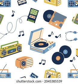 Retro music pattern. Seamless background with old cassettes, boomboxes, turntables, tape recorders and vinyls in 60s and 70s styles. Repeating texture for printing. Colored flat vector illustration