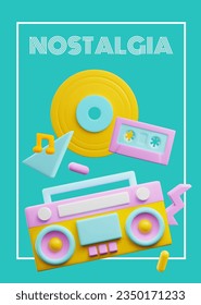 Retro music player, cassette and vinyl in cute 3d style, nostalgia concept poster, vector illustration. Colorful boombox of 80s or 90s.