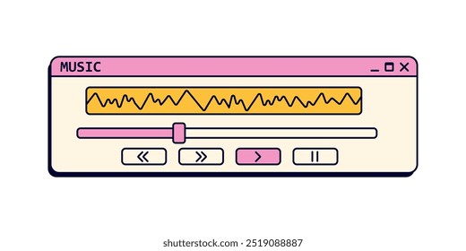 Retro music player for desktop. Nostalgic mediaplayer in pink colors. Old widget from 90s.