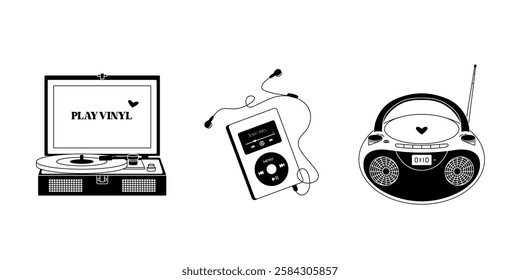 Retro music player devices. Cartoon analog audio equipment, vintage vinyl recorder mp3 player boombox, old hipster media technology flat style. Vector isolated monochrome set