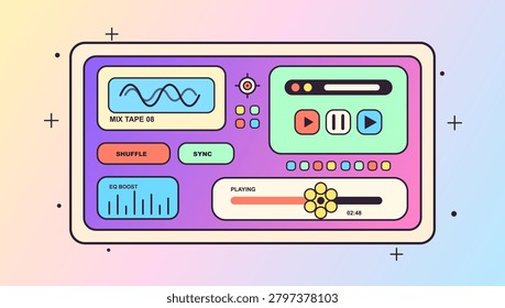 Retro Music Player Interface Vector. Colorful retro music player UI with mixtape panel, waveform, playback controls, shuffle and sync buttons, EQ boost, progress bar and gradient background. Vector