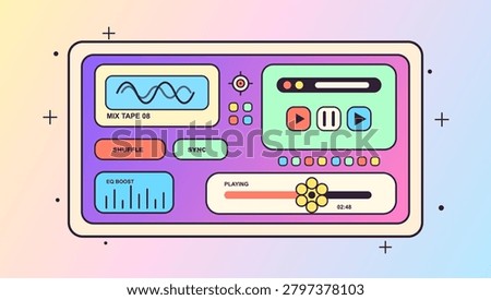 Retro Music Player Interface Vector. Colorful retro music player UI with mixtape panel, waveform, playback controls, shuffle and sync buttons, EQ boost, progress bar and gradient background. Vector