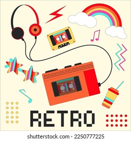 Retro music player. Set of retro items. Classic 80s-90s elements in modern style flat, line style. 