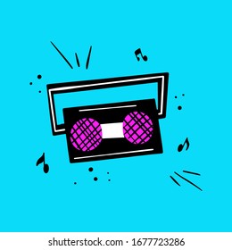 Retro music player surrounded by notes vector illustration in doodle style.