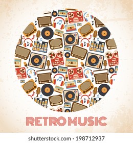 Retro music poster with analog technology icons vector illustration