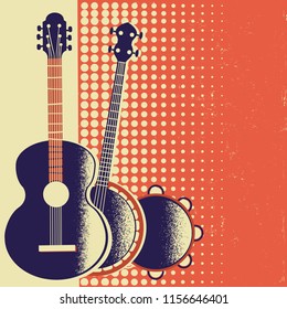 Retro Music poster background with musical instruments on old paper for text