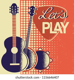 Retro Music poster background with musical instruments on old paper with text