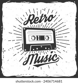 Retro music poster, banner. Retro Audio cassette tape with sunburst vintage typography design for t shirt, emblem, logo, badge design. Vector illustration