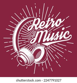 Retro music poster, banner. Retro headphones with sunburst vintage typography design for t shirt, emblem, logo, badge design. Vector illustration.