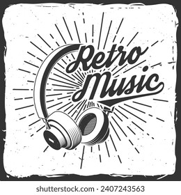 Afiche de música retro, pancarta. Auriculares retro con diseño de tipografía vintage de explosión solar para camisetas, emblema, logo, diseño de insignias. Ilustración del vector