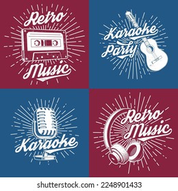Retro music poster, banner. Retro microphone, headphones, audio cassette, classical acoustic guitar with sunburst vintage typography design for t shirt, emblem, logo, badge design. Vector illustration