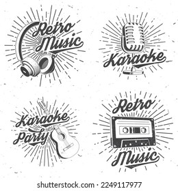 Retro music poster, banner. Retro microphone, headphones, audio cassette, classical acoustic guitar with sunburst vintage typography design for t shirt, emblem, logo, badge design. Vector illustration