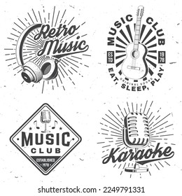 Retro music poster, banner. Retro microphone, headphones, classical acoustic guitar with sunburst vintage typography design for t shirt, emblem, logo, badge design. Vector illustration.