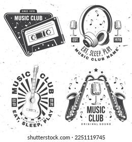 Retro music poster, banner. Retro microphone, saxophone , audio cassette, classical acoustic guitar with sunburst vintage typography design for t shirt, emblem, logo, badge design. Vector illustration