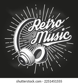Retro music poster, banner on chalkboard. Retro headphones with sunburst vintage typography design for t shirt, emblem, logo, badge design. Vector illustration