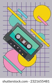 Retro music poster design with compact cassette illustration.