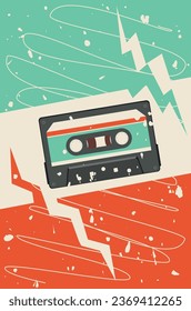 Diseño de afiches de música retro con ilustración de casete compacta.