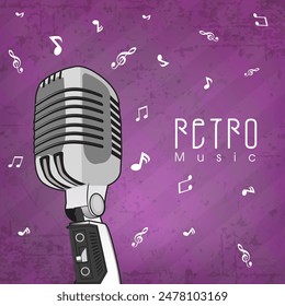 Retro Music Poster Design with Studio Microphone on Notes Purple Texture Background.