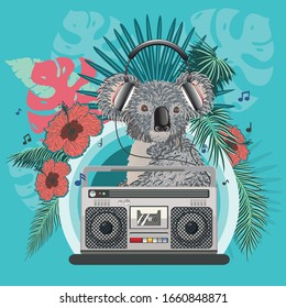 Retro music poster with grey koala bear, boombox and tropical leaves design.