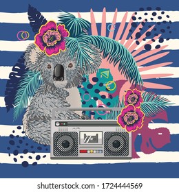 Retro music poster with grey koala bear, boombox and tropical leaves design.