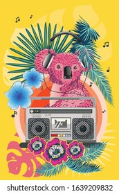 Retro music poster with pink koala bear, boombox and tropical leaves design.