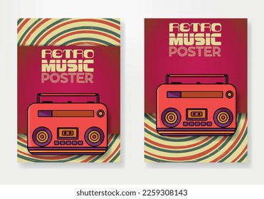 Retro music poster set. Retro background and retro red radio. Vector Vintage Music Background