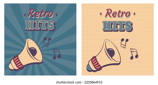 Retro music poster. Set of vintage background with loudspeaker, notes, lettering. Caligraphy text. Vector illustration for banner, flyer, placard, disco party, festival, invitation, advertising. 