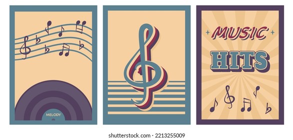 Retro music poster. Set of vintage background with musical disc, notes, lettering. Vector illustration for banner, flyer, placard, disco party, festival, invitation, advertising. 