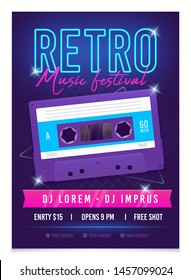 Retro music poster template. Music festival. Realistic bright audio cassette. Mixtape in Style of 80s. Retrowave music party in nightclub.