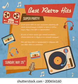 Retro music poster with vintage vinyl player headphones icons vector illustration