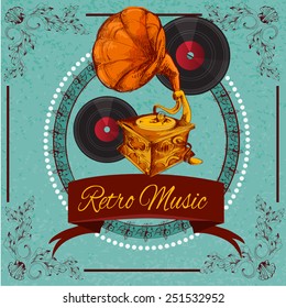 Retro music poster with vinyl gramophone and floral ornament sketch vector illustration