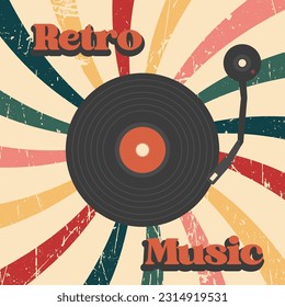 Afiche de música retro con ilustración vectorial de reproductor de discos de vinilo en estilo vintage