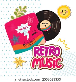 Retro Music poster with vinyl record.Vintage device in bright packaging and decorated with a glitter star, smiley face and a twig.Vector design elements set with hand written.Flat color illustration.