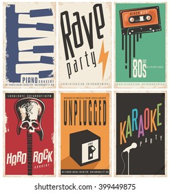 Colección de afiches de música retro. Pancartas antiguas colocadas en textura de papel antiguo. Conciertos musicales y conceptos de diseño de fiestas en una plantilla de fondo dañada.