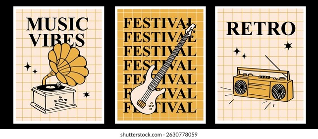Retro Music Posters Set with Guitar, Radio, Gramophone – Vintage Festival Vibes. Set of retro-style music posters with guitar, radio, and gramophone. Perfect for festival and party themes.