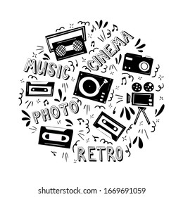 Retro music round frame in doodle style. Vector illustration with different art elements.