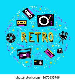 Retro music round frame in doodle style. Vector illustration with different art elements.