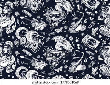 Retro music seamless pattern. Funny pop culture musical background. Hip hop girl, swag woman. Tyrannosaur, dj vinyl, boom box, rock guitar, saxophone. Hip hop, street lifestyle. Old school tattoo art 