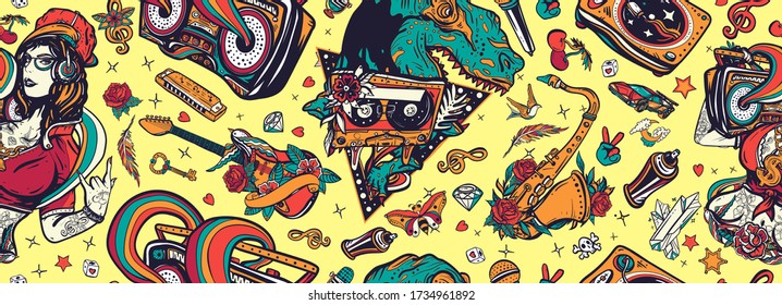 Retro music seamless pattern. Hip hop girl, swag woman. Tyrannosaur, dj vinyl, boom box, rock guitar, saxophone. Funny pop culture musical background. Hip hop, street lifestyle. Old school tattoo art 