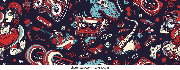 Retro Music Seamless Pattern. Hip Hop, Street Lifestyle. Old School Tattoo Art. Hip Hop Girl, Swag Woman. Tyrannosaur, Dj Vinyl, Boom Box, Rock Guitar, Saxophone. Funny Pop Culture Musical Background 