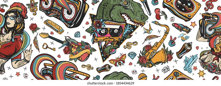 Retro music seamless pattern. Hip hop girl, swag woman. Tyrannosaur, dj vinyl, boom box, rock guitar, saxophone. Funny pop culture musical background. Street lifestyle. Old school tattoo art 