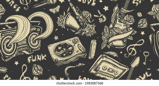 Retro music seamless pattern. Musical instruments. Street lifestyle. Old school tattoo style. Dj vinyl, boom box, rock guitar and saxophone. Funny background. Jazz, funk, disco and soul concept  