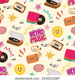 Retro Music seamless pattern in pop art style.Colorful background with vinyl record ,player, сassette tape,stars,hand written,notes.Vector design with vintage devices.Flat cartoon illustration.