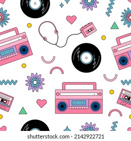 Retro music seamless pattern with vinyl records, music player, audio tapes and boombox stereo. Hand drawn doodle flowers. Vector illustration.