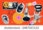 Retro music set with torn put paper halftone dotted collage elements set - audio reel-to-reel tape recorder, vintage microphone, singing mouth, vinyl record and rock gesture hand. Vector illustration.