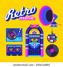 Retro music. A set of vintage musical instruments. Gramophone, vinyl record player, cassette player, disco ball. Vector illustration.