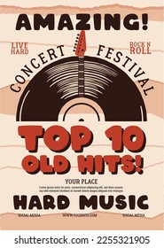 Retro Music Social media A4 flyer template with vintage vinyl plate and guitar. Classic concert festival invitation card design. Stock vector poster graphics