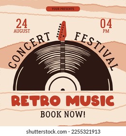 Retro Music Social media post template with vintage vinyl plate and guitar. Classic concert festival invitation card design. Stock vector poster graphics