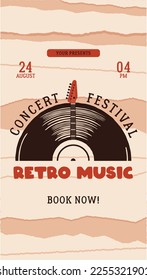 Retro Music Social media stories template with vintage vinyl plate and guitar. Classic concert festival invitation card design. Stock vector poster graphics